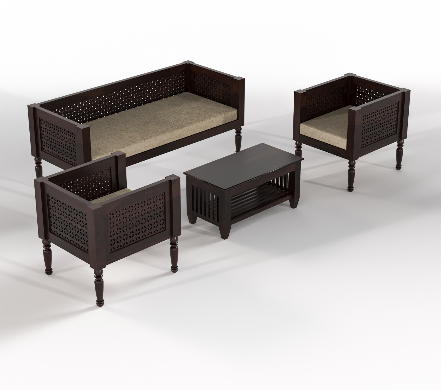 Image of Wopno Furniture Sheesham Solid Wood 5 Seater Sofa Set for Living Room Home & Office | Sofa Set Fabric 5 Seater Sofa