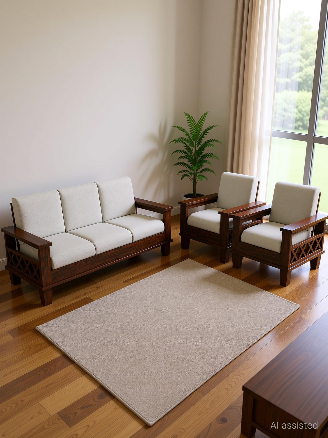 Image of Flipkart Perfect Homes solid Wood Sofa Set /Wooden Sofa Set For Home Fabric 3 + 1 + 1 Sofa Set (PROVINATION TEAK FINISH X, DIY(Do-It-Yourself))