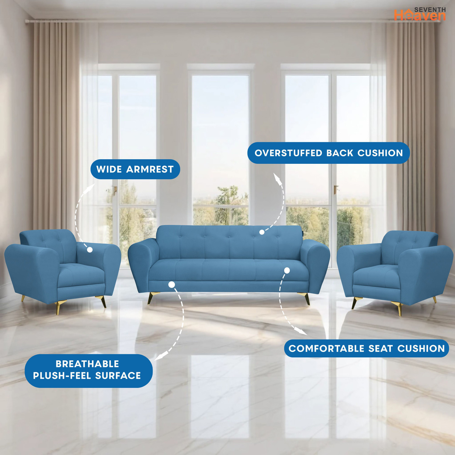 Image of Seventh Heaven Milan Icon 5 Seater Sofa Set, Plush Suede Fabric Fabric 3 + 1 + 1 Sofa Set