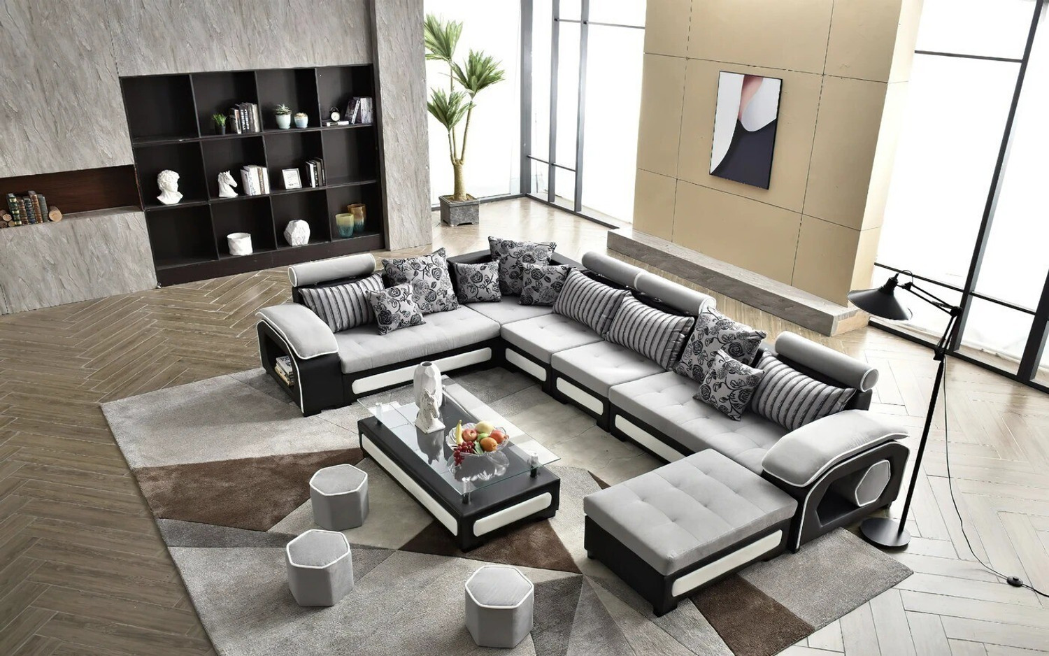 Image of Torque Silvester U Shape 9 Seater Fabric Sofa Set with 4 Puffy (Silver) Fabric 3 + 2 + 2 + 1 Sofa Set