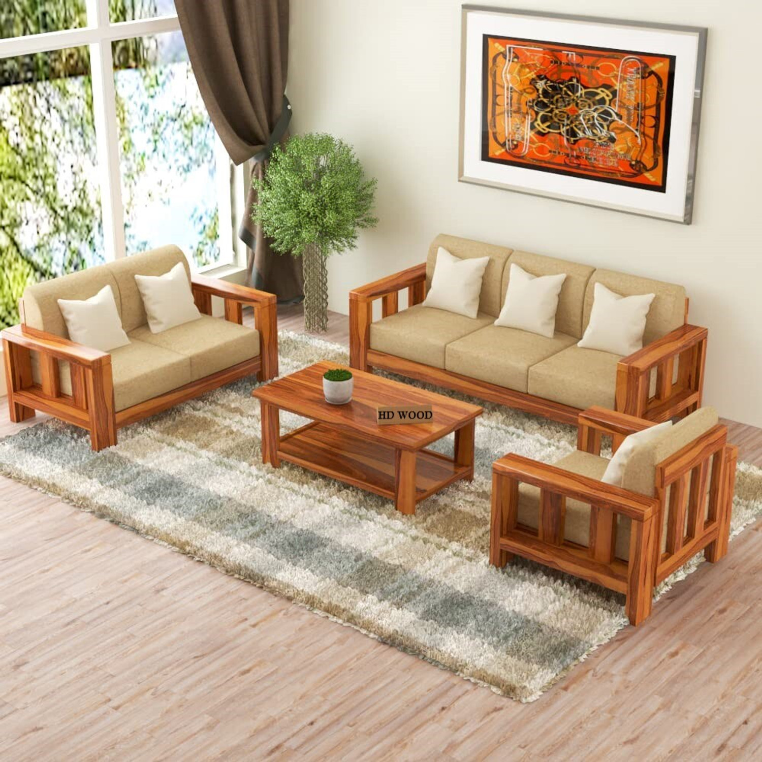 Image of HDWOOD Solid Sheesham Wood For Living Room / Office / Guest Room | Fabric 3 + 2 + 1 Sofa Set