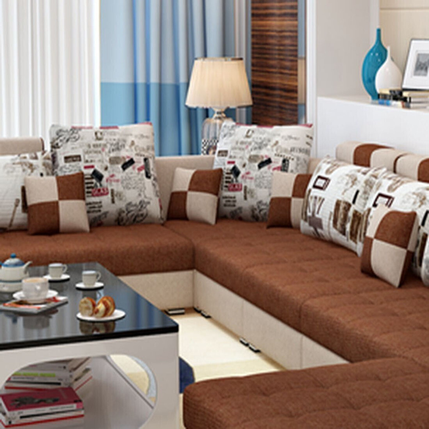 Image of Torque Silvester U Shape with 4 Puffy Fabric 3 + 2 + 2 + 1 Sofa Set