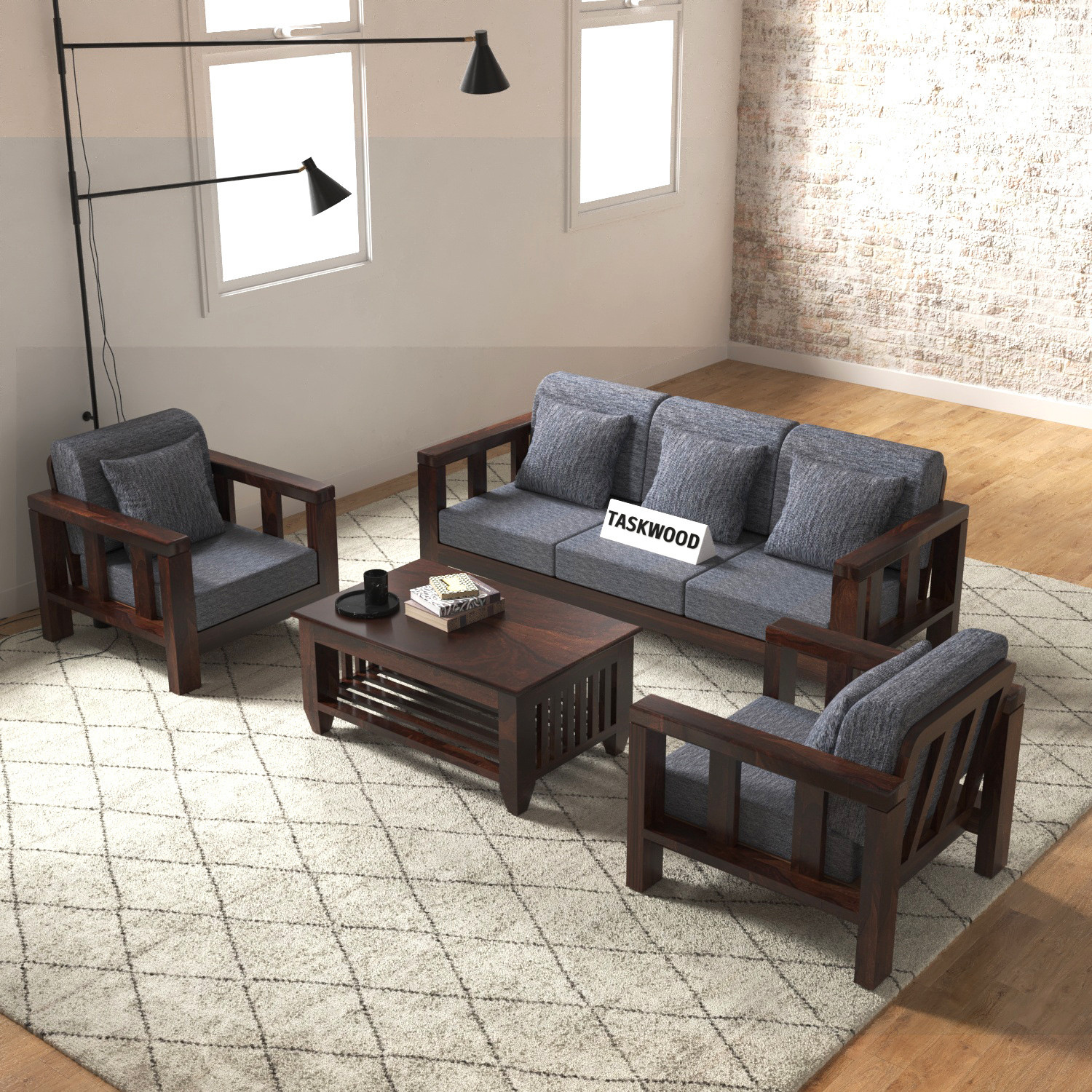 Image of Taskwood Furniture Solid Sheesham Wooden For Living Room, Cafe Fabric 3 + 1 + 1 Sofa Set