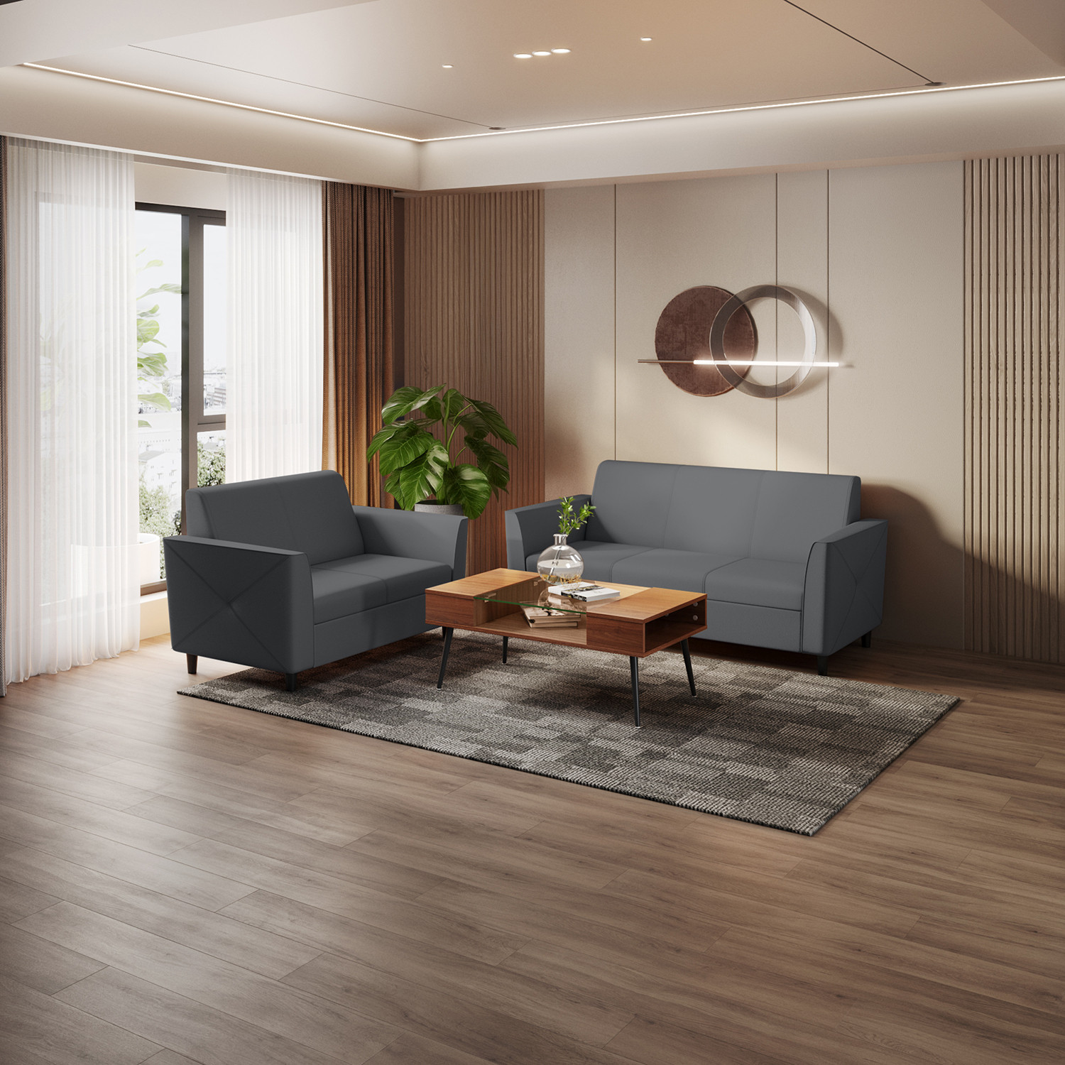 Interio by Godrej Emperor - Nimbus Grey Leatherette 3 + 2 Sofa Set