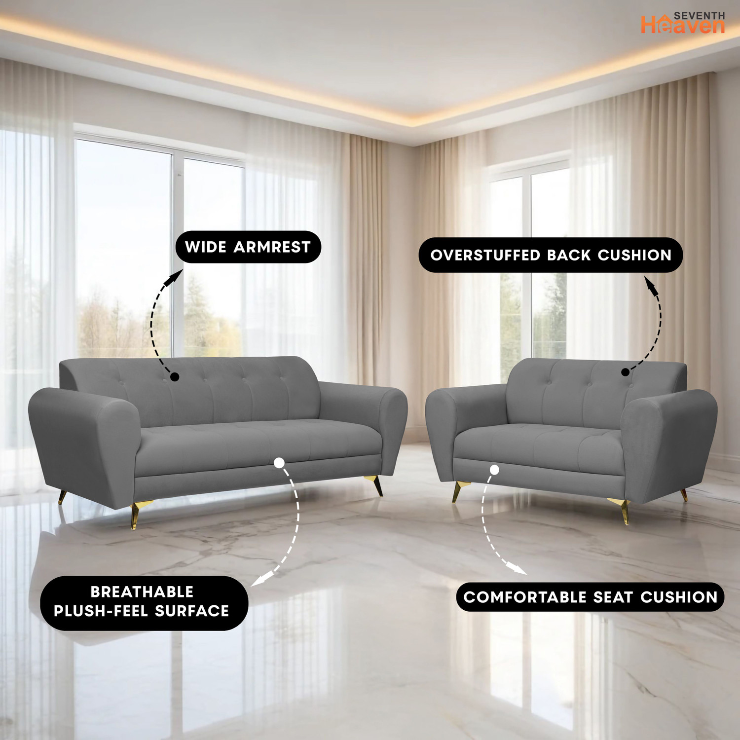Image of Seventh Heaven Milan Icon 5 Seater Sofa Set, Plush Suede Fabric Fabric 3 + 2 Sofa Set
