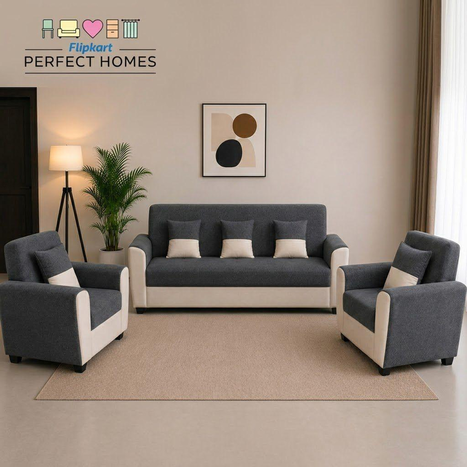 Image of Flipkart Perfect Homes Century Velvet Fabric 3 + 1 + 1 Sofa Set