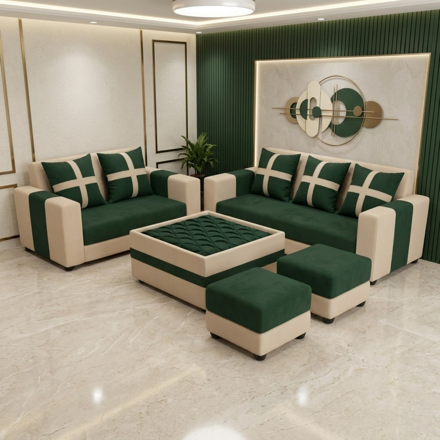 Image of WAKESURE Premium Quality Velvet Fabric 3 + 2 + 1 + 1 Sofa Set (Cream & Bottle Green, DIY(Do-It-Yourself))