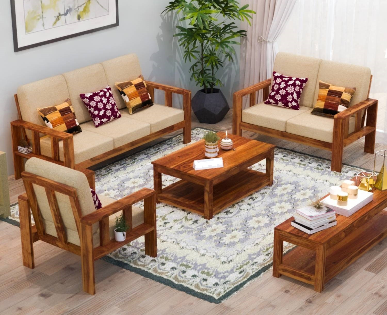 Image of Flipkart Perfect Homes Solid Sheesham Wood Six Seater Sofa Set For Living Room, Hotel Office. Fabric 3 + 2 + 1 Sofa Set