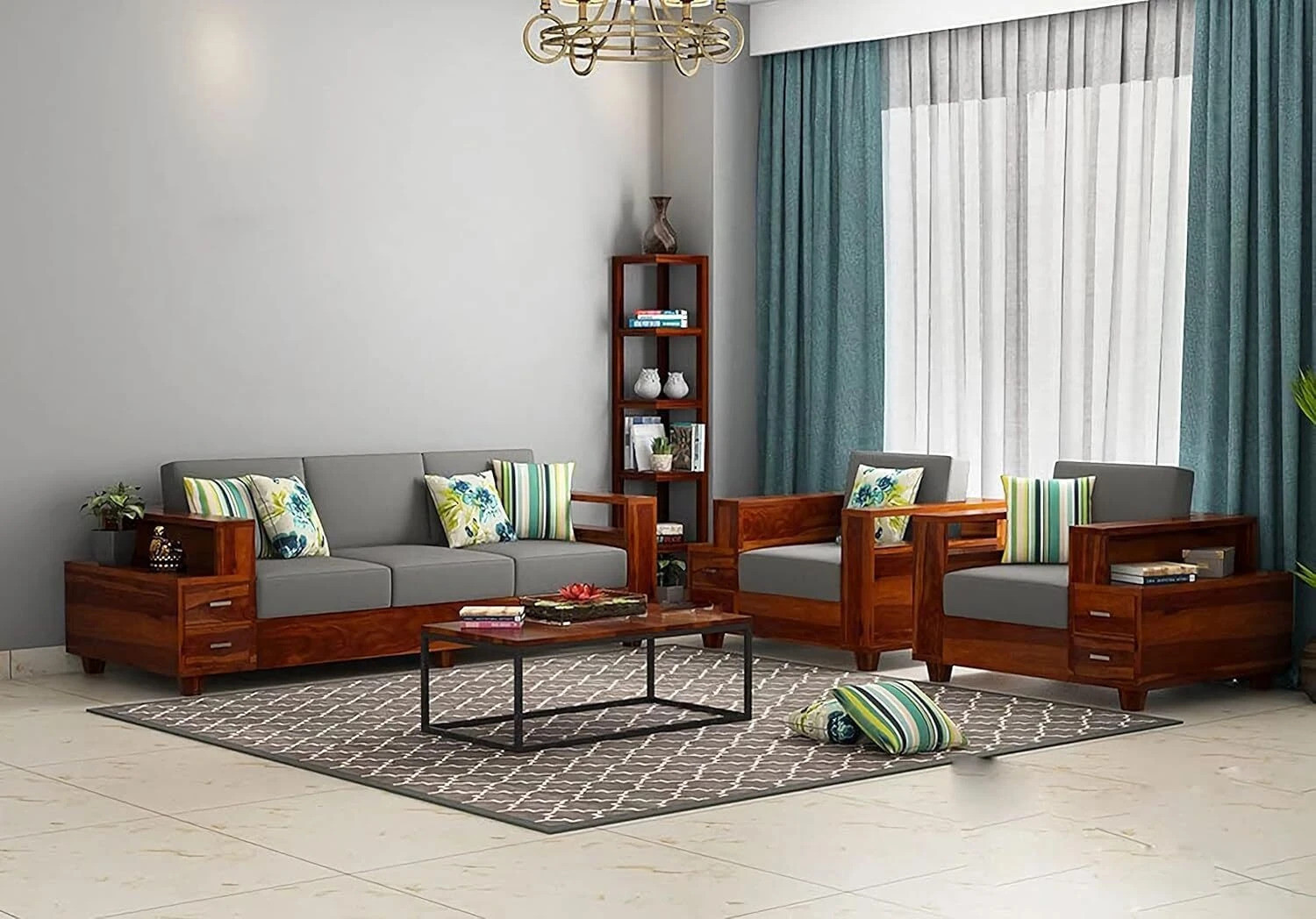 Image of Deshnok Art Wooden 5 Seater Sofa Set for Living Room Sofa Set Fabric 3 + 1 + 1 Sofa Set