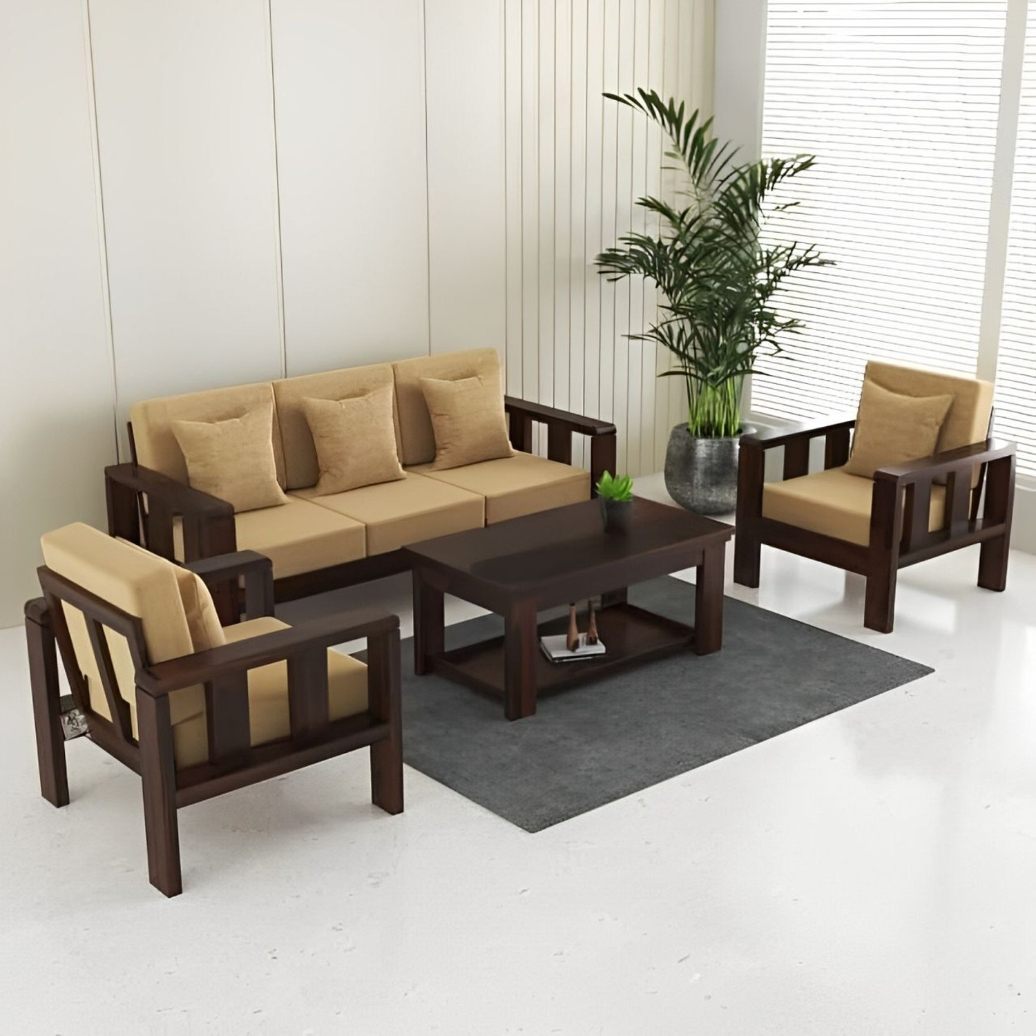 Image of Flipkart Perfect Homes Solid Sheesham Wood Five Seater Sofa Set For Living Room, Hotel Office. Fabric 3 + 1 + 1 Sofa Set