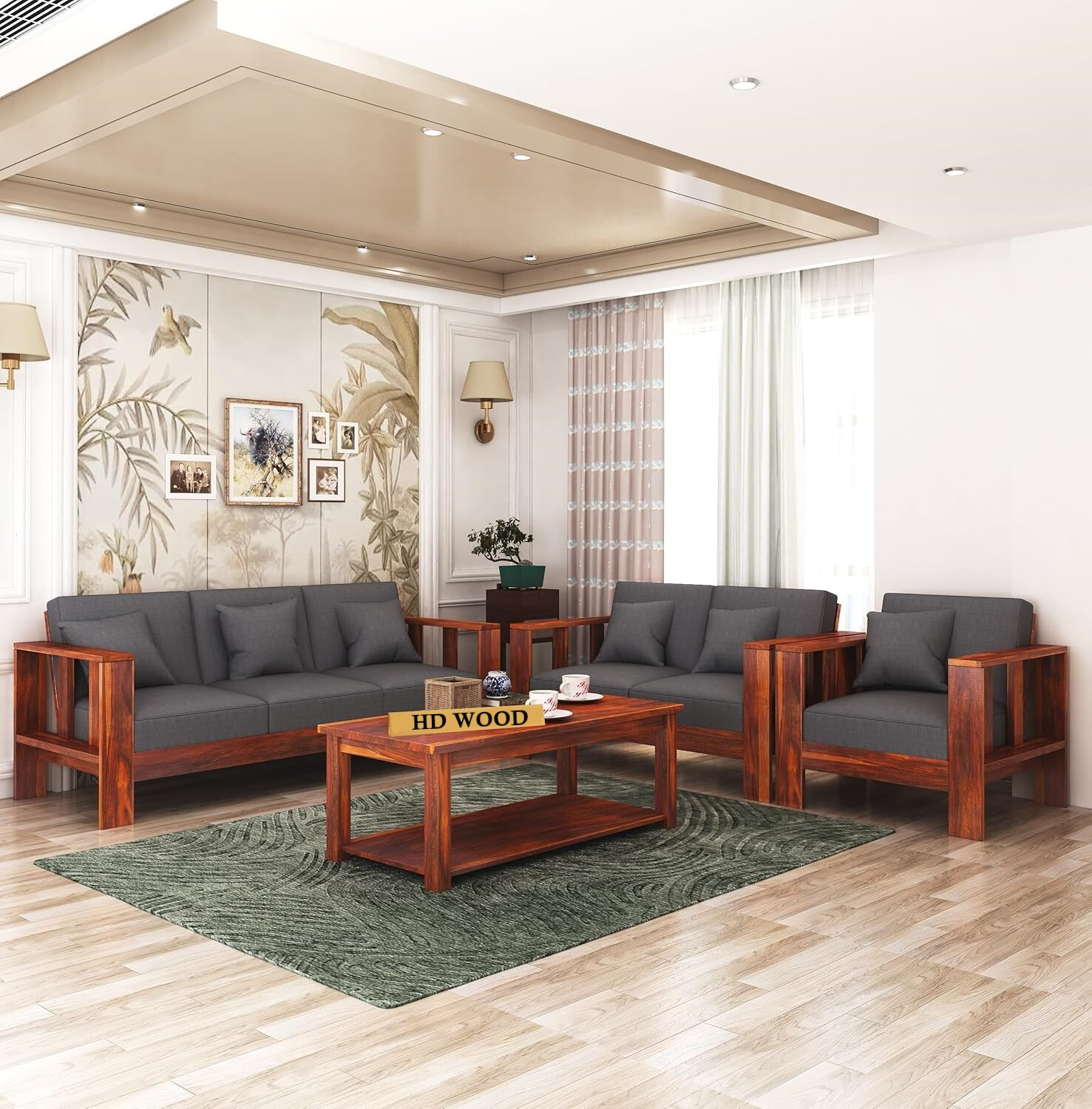 Image of HDWOOD Solid Sheesham Wood For Living Room / Office / Guest Room Fabric 3 + 2 + 1 Sofa Set