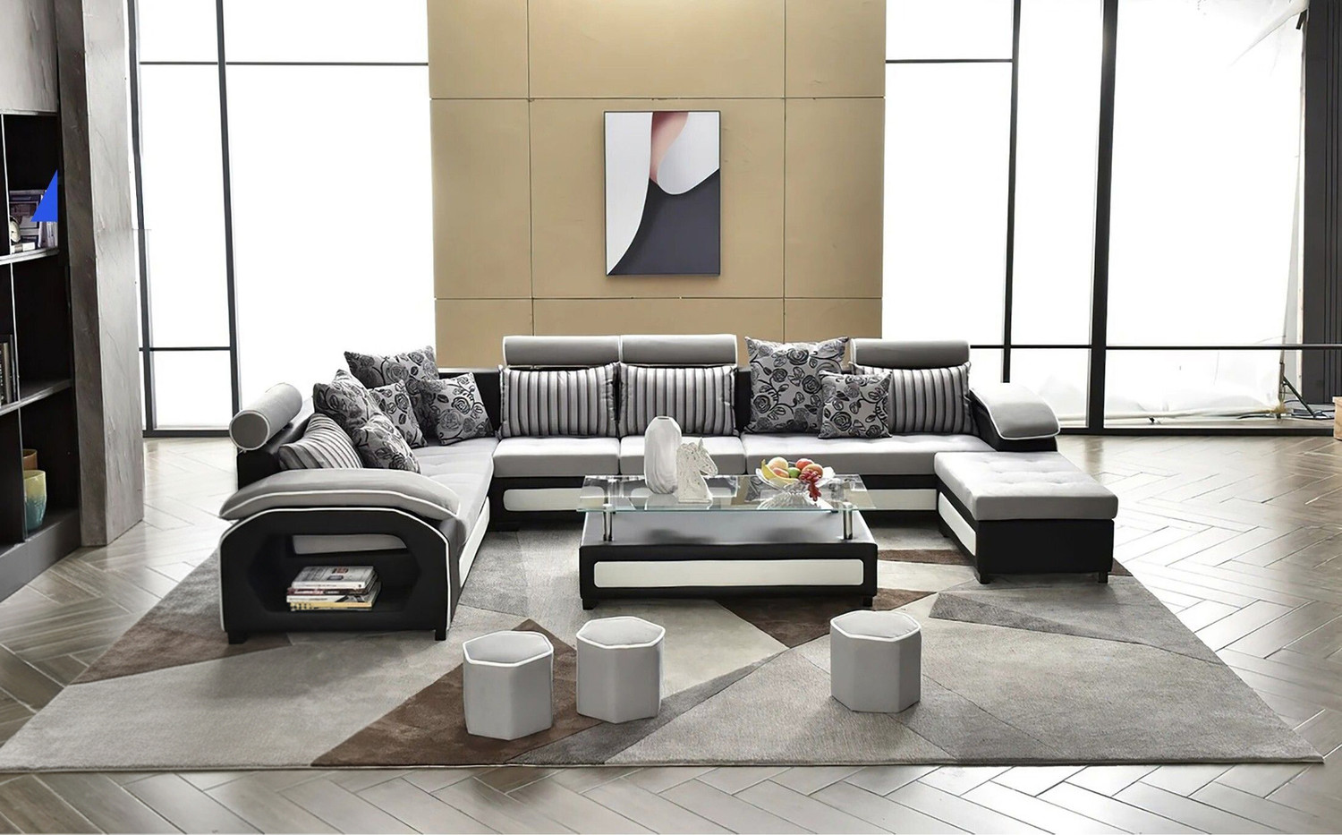 Image of Torque Silvester U Shape 9 Seater Fabric Sofa Set with 4 Puffy (Silver) Fabric 3 + 2 + 2 + 1 Sofa Set