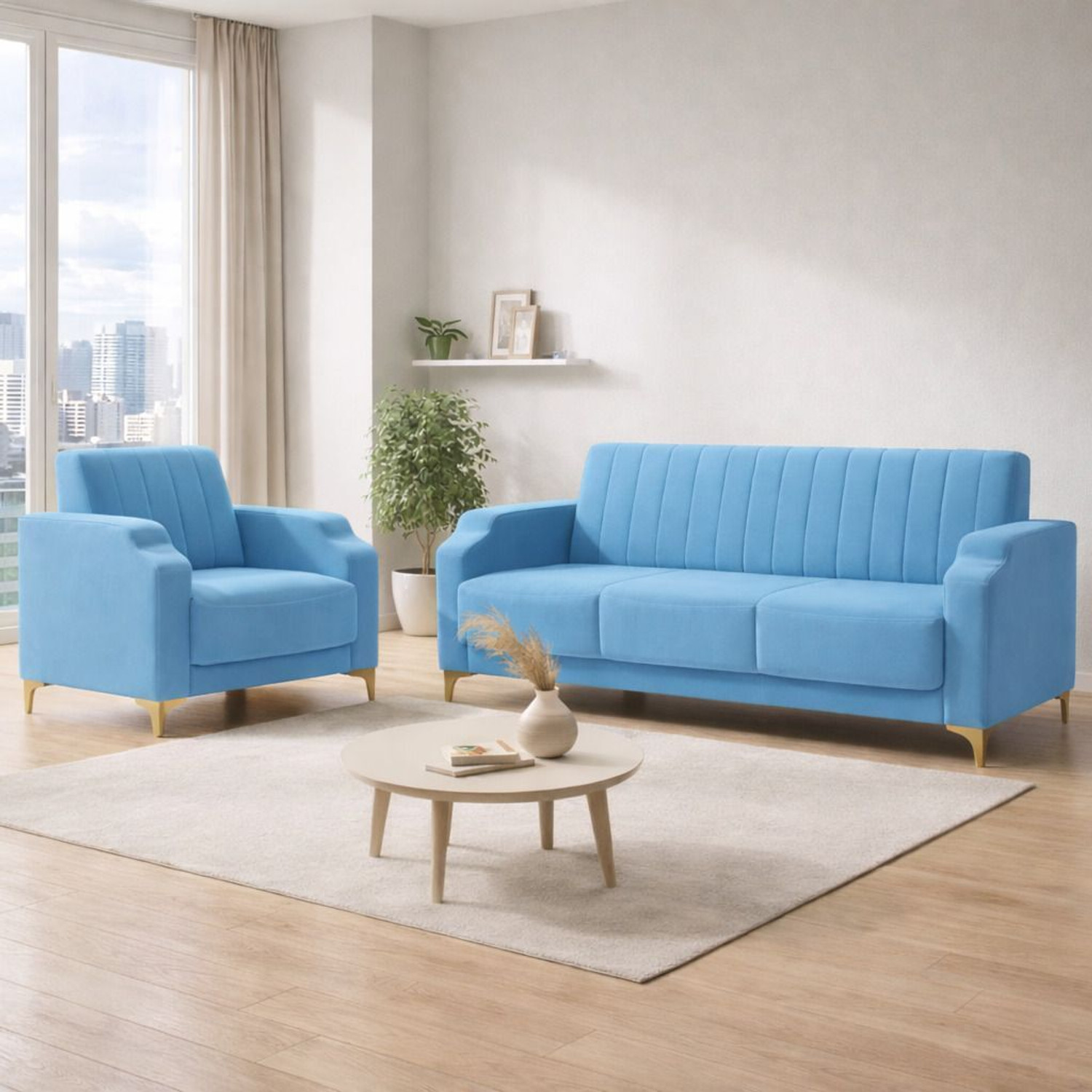 Image of BambooBay Stark 3+1 Sofa Set - Sky Blue Fabric 3 + 1 Sofa Set