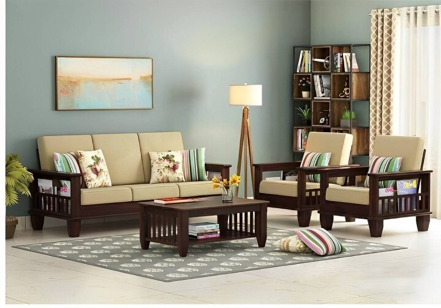 Image of CLANECRAFT Solid Sheesham Wood Five Seater Sofa Set For Living Room / Office | Fabric 3 + 1 + 1 Sofa Set