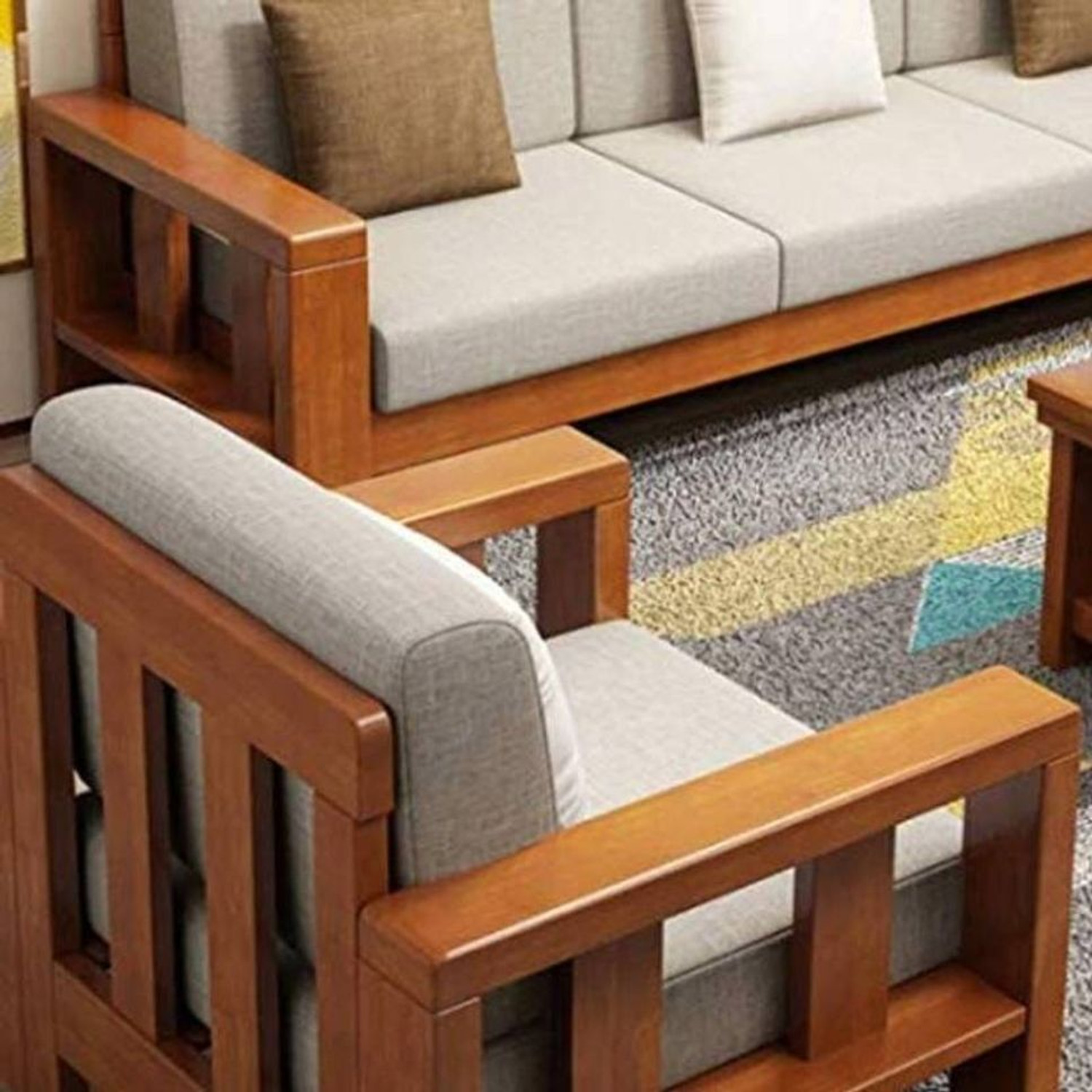 Image of Flipkart Perfect Homes Solid Sheesham Wood Six Seater Sofa Set For Living Room, Hotel Office. Fabric 3 + 2 + 1 Sofa Set