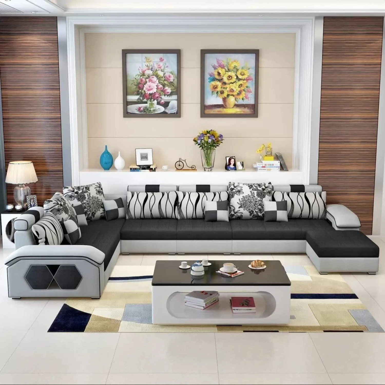 Image of Torque Silvester U Shape 9 Seater Fabric Sofa Set with 4 Puffy (Black - Grey) Fabric 3 + 2 + 2 + 1 Sofa Set