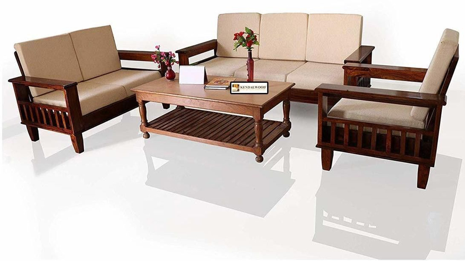 Image of Kendalwood Furniture Solid Wood 6 Seater Wooden Sofa set for living Room Furniture Fabric 3 + 2 + 1 Sofa Set