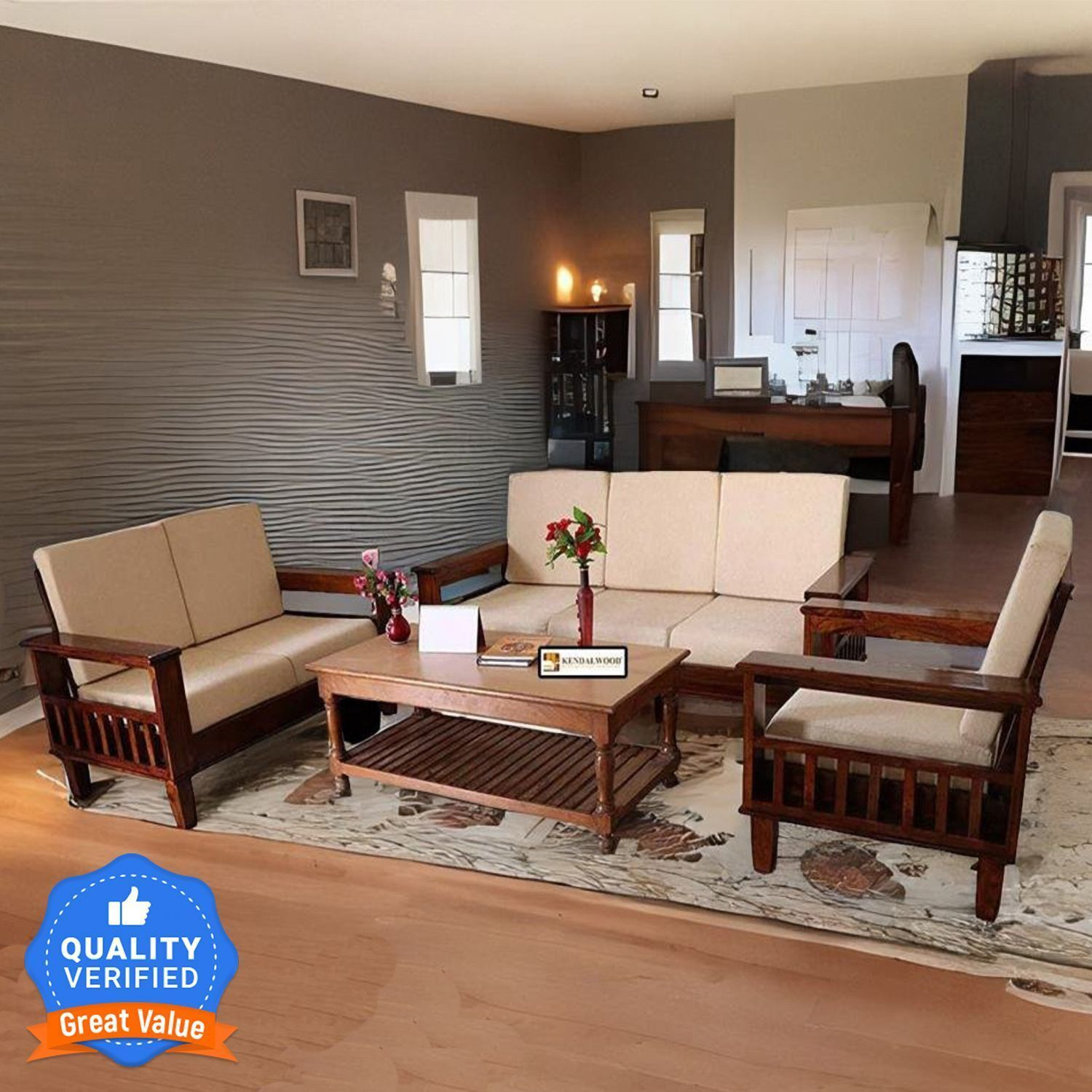 Image of Kendalwood Furniture Solid Wood 6 Seater Wooden Sofa set for living Room Furniture Fabric 3 + 2 + 1 Sofa Set