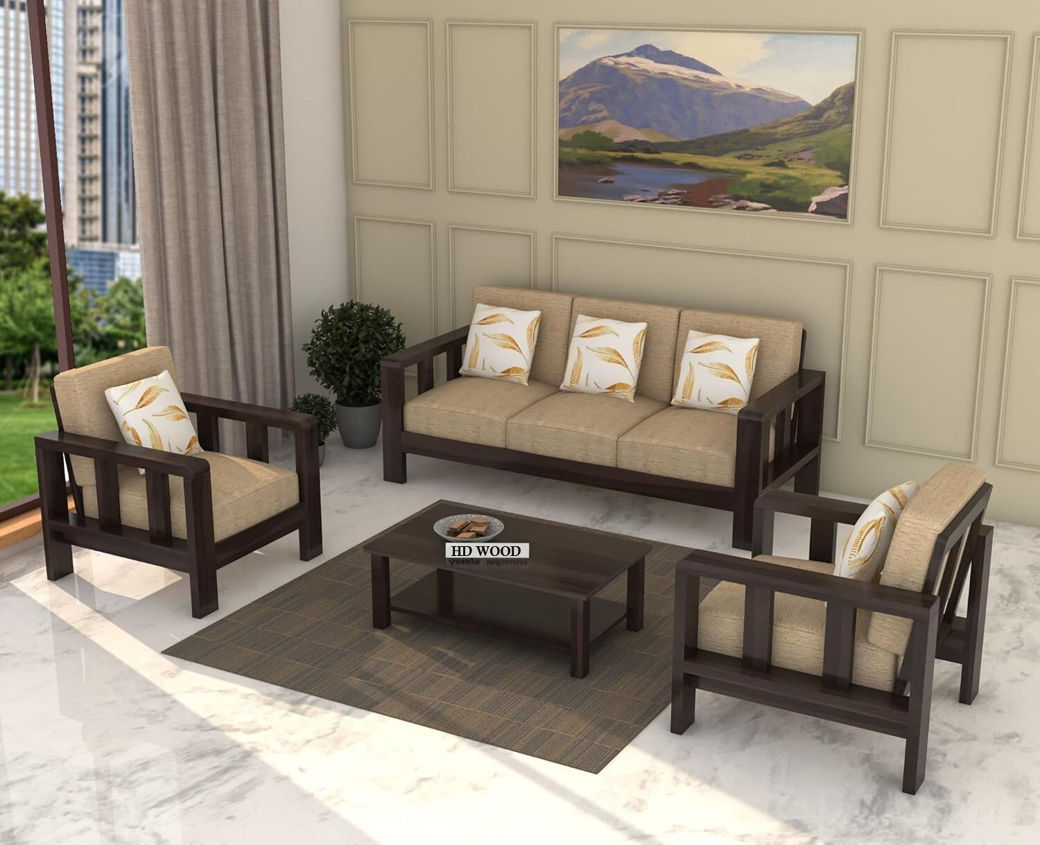 Image of HDWOOD Solid Sheesham Wood For Living Room / Office / Guest Room Fabric 3 + 1 + 1 Sofa Set