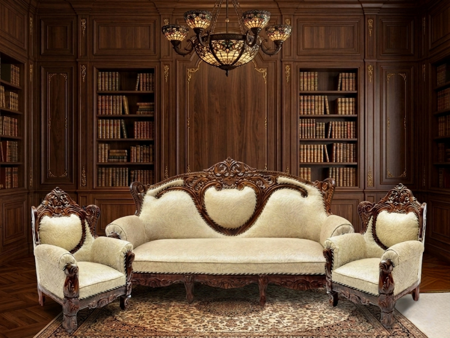 Image of W.S.HANDICRAFTS Wood Sofa Set for Home Living Room Wooden Sofa Set 3+1+1| 5 Seater Sofa Set Furnitures Color of Honey Brown. (polished Finish) Fabric 3 + 1 + 1 Sofa Set