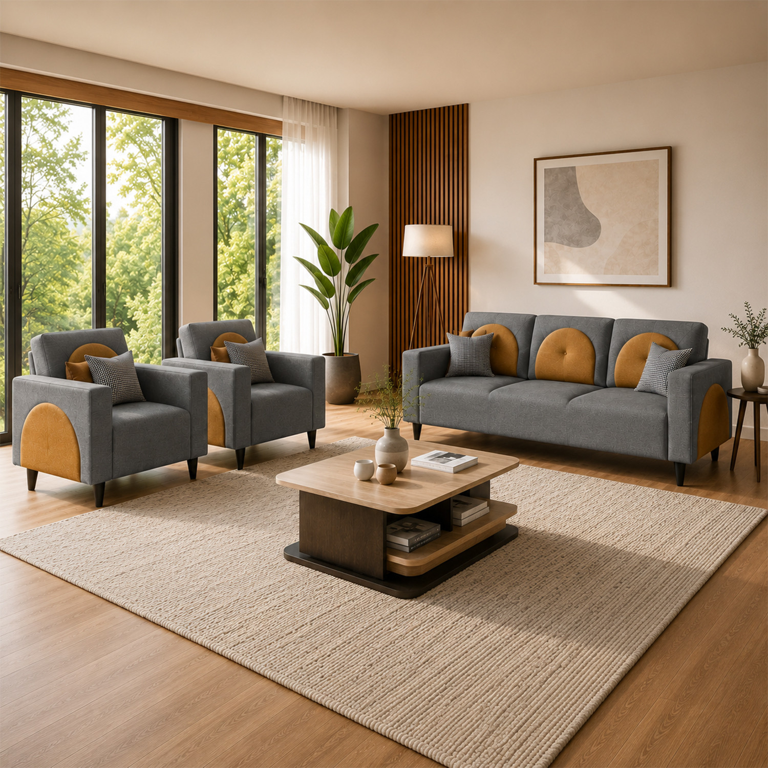 Image of Interio by Godrej Windle Premium Quality Fabric 3 + 1 + 1 Sofa Set