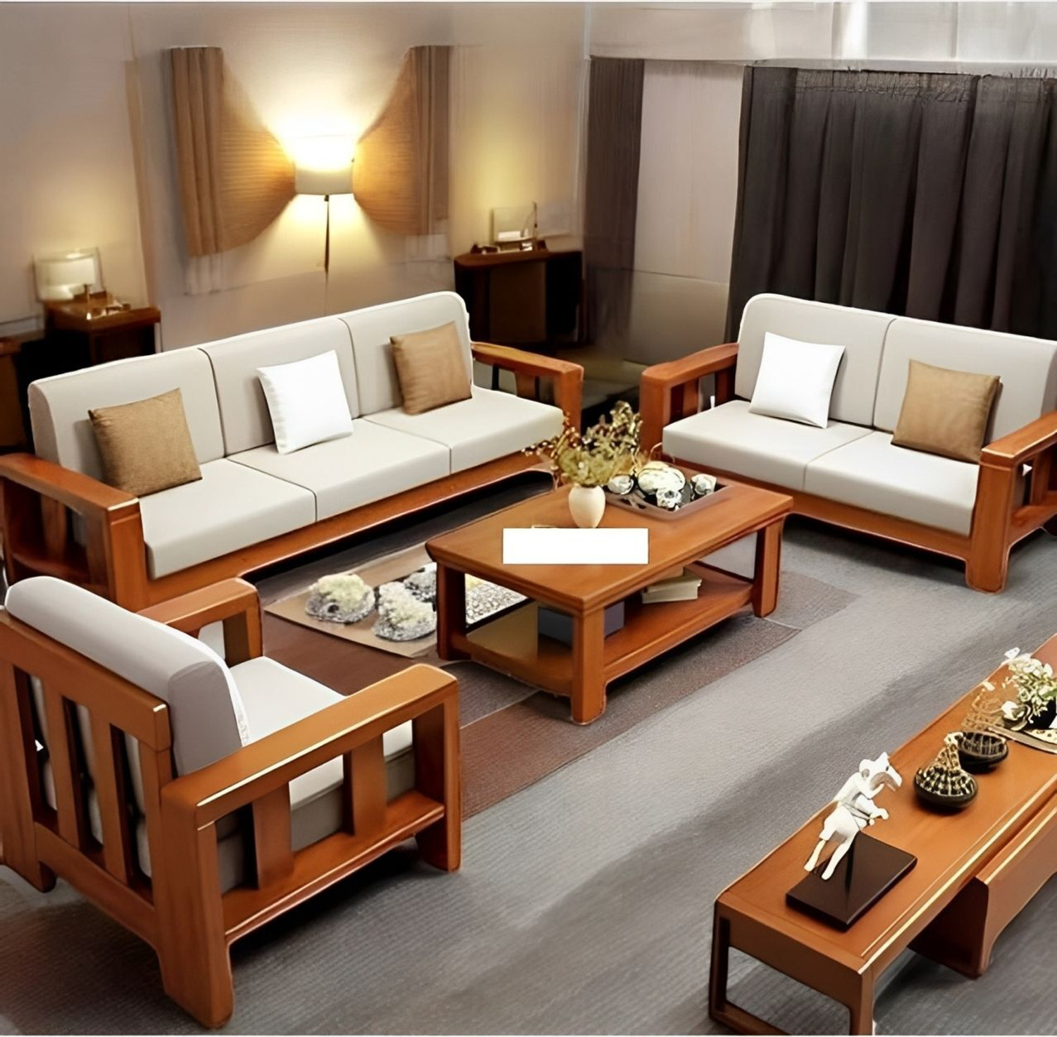 Image of Flipkart Perfect Homes Solid Sheesham Wood Six Seater Sofa Set For Living Room, Hotel Office. Fabric 3 + 2 + 1 Sofa Set