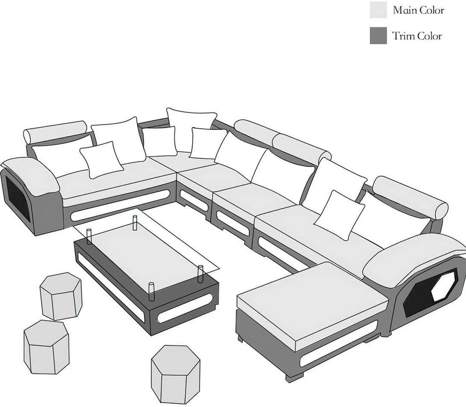 Image of Torque Silvester U Shape Fabric with 4 Puffy Fabric 3 + 2 + 2 + 1 Sofa Set