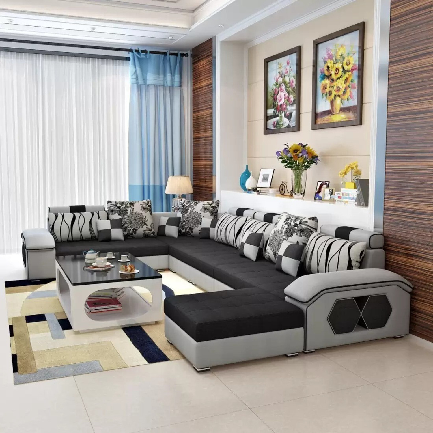Image of Torque Silvester U Shape 9 Seater Fabric Sofa Set with 4 Puffy (Black - Grey) Fabric 3 + 2 + 2 + 1 Sofa Set