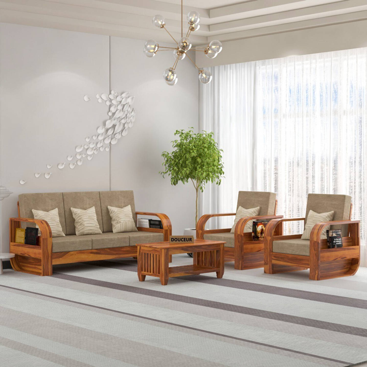 Image of Douceur Furnitures Solid Sheesham Wood Five Seater Sofa Set For Living Room, Office, Cafe, Fabric 3 + 1 + 1 Sofa Set