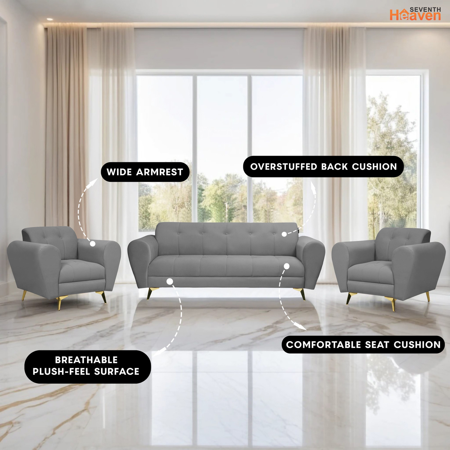 Image of Seventh Heaven Milan Icon 5 Seater Sofa Set, Plush Suede Fabric Fabric 3 + 1 + 1 Sofa Set