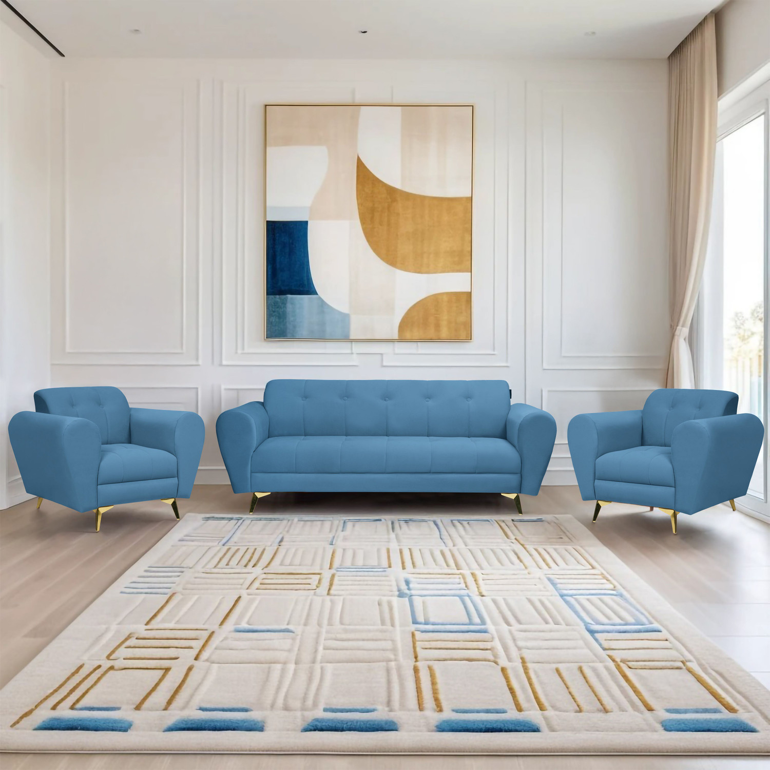 Image of Seventh Heaven Milan Icon 5 Seater Sofa Set, Plush Suede Fabric Fabric 3 + 1 + 1 Sofa Set
