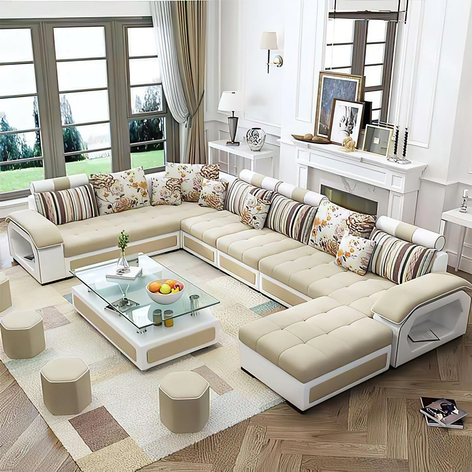 Image of Torque Silvester U Shape Fabric with 4 Puffy Fabric 3 + 2 + 2 + 1 Sofa Set