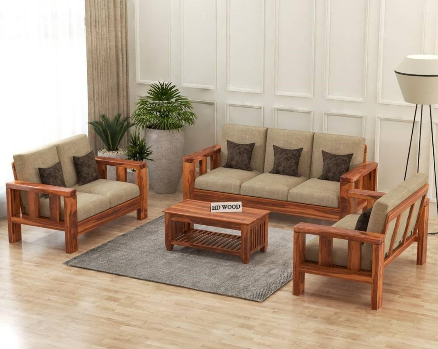 Image of HDWOOD Solid Sheesham Wood For Living Room / Office / Guest Room Fabric 3 + 2 + 2 Sofa Set