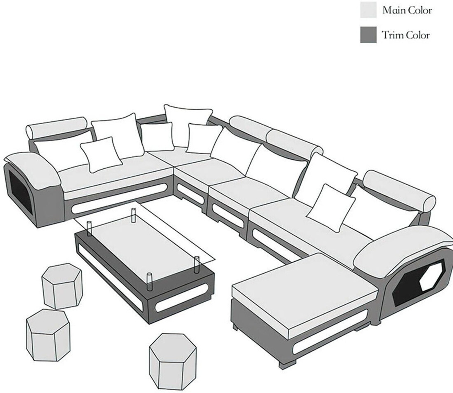 Image of Torque Silvester U Shape with 4 Puffy Fabric 3 + 2 + 2 + 1 Sofa Set