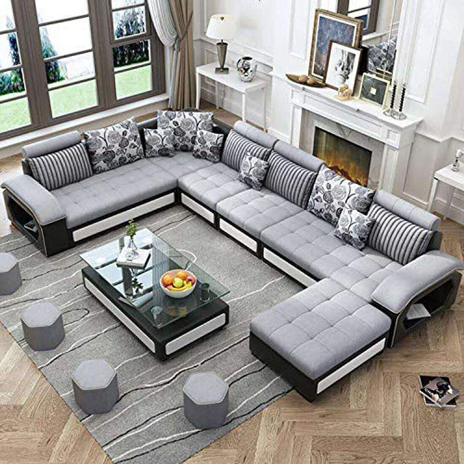 Image of Torque Silvester U Shape 9 Seater Fabric Sofa Set with 4 Puffy (Silver) Fabric 3 + 2 + 2 + 1 Sofa Set