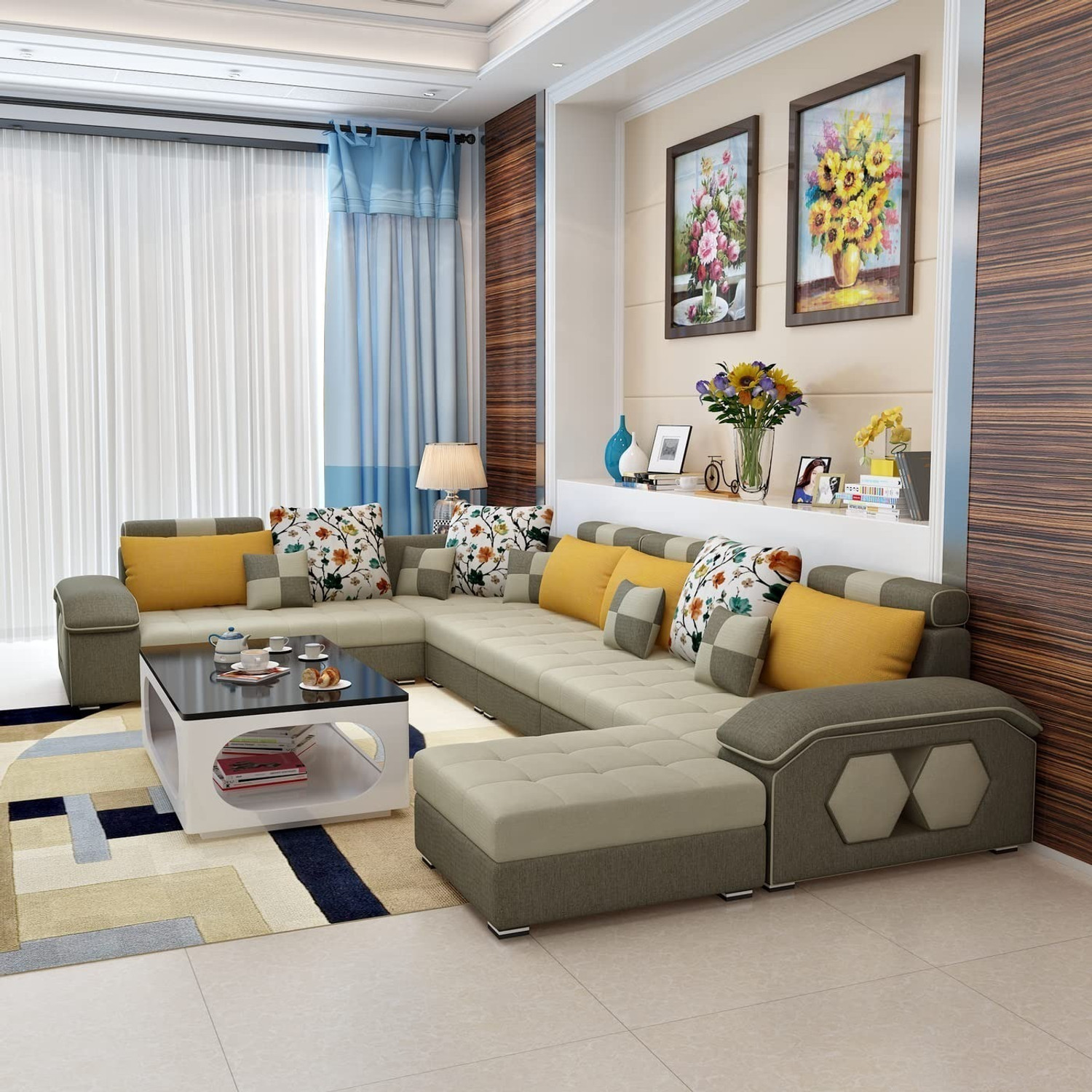 Image of Torque Silvester U Shape Fabric with 4 Puffy Fabric 3 + 2 + 2 + 1 Sofa Set
