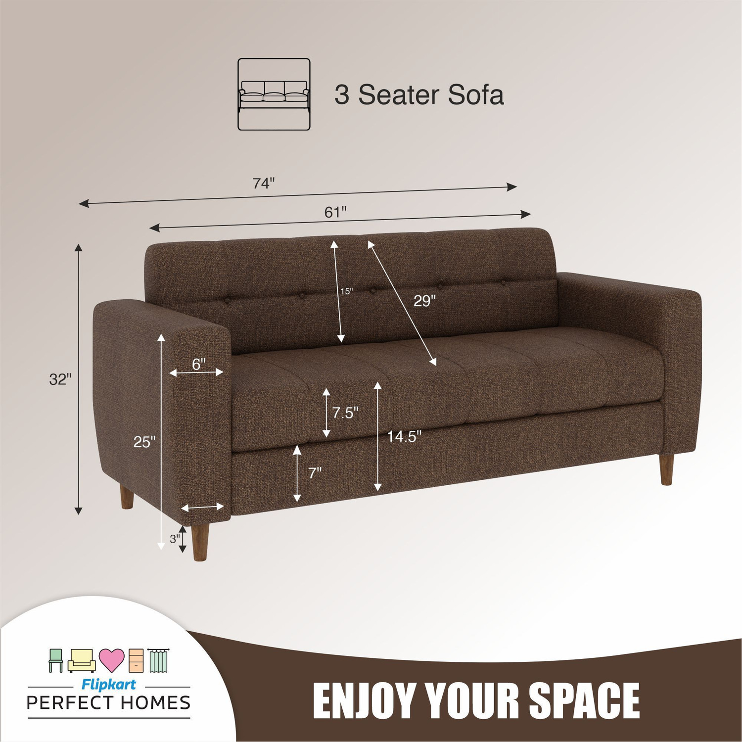 Image of Flipkart Perfect Homes Pacific Fabric 3 Seater Sofa