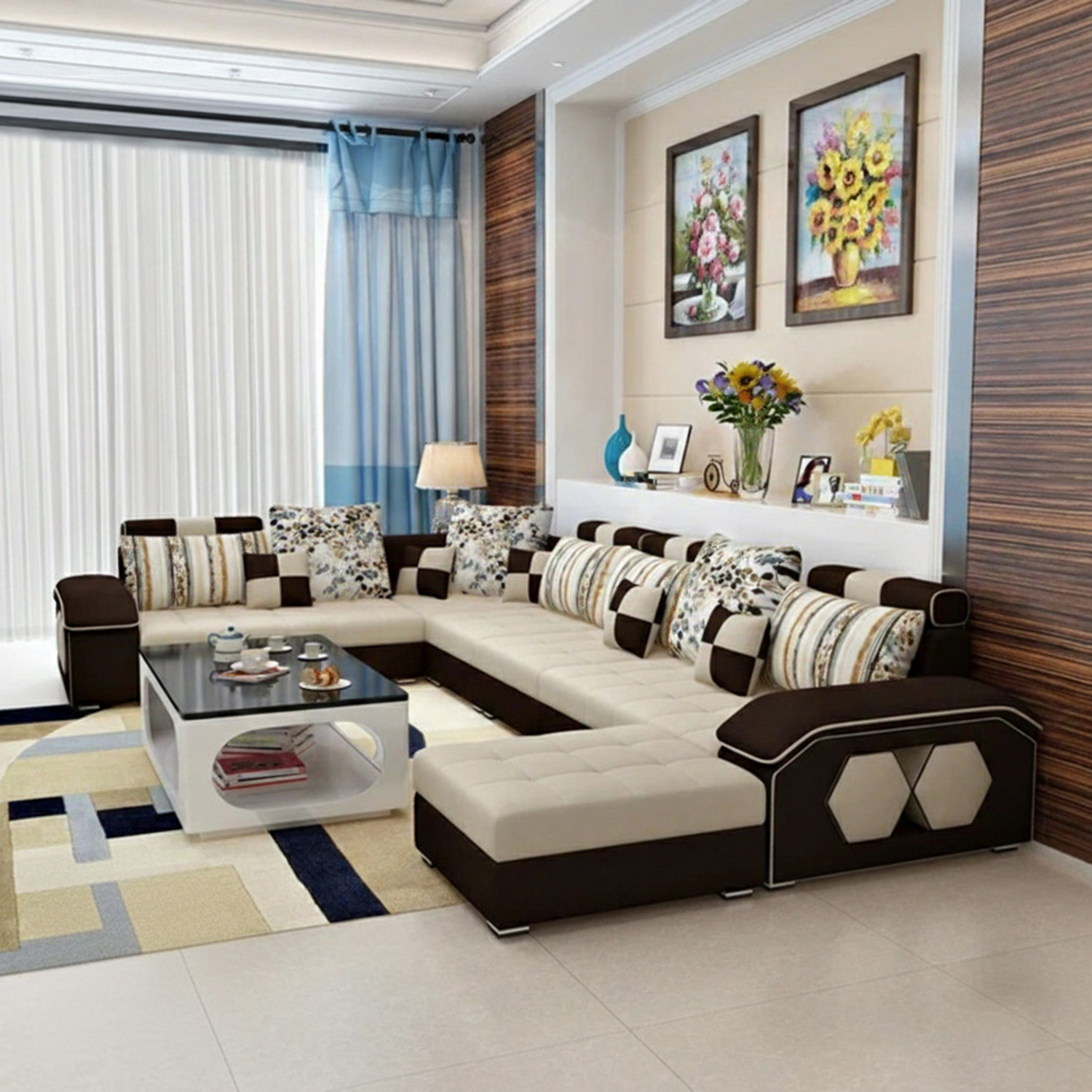 Image of Torque Silvester U Shape Fabric with 4 Puffy Fabric 3 + 2 + 2 + 1 Sofa Set