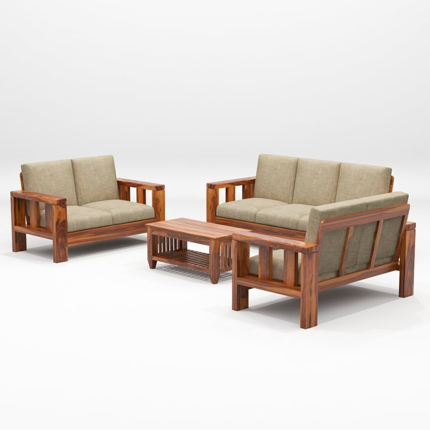 Image of HDWOOD Solid Sheesham Wood For Living Room / Office / Guest Room Fabric 3 + 2 + 2 Sofa Set