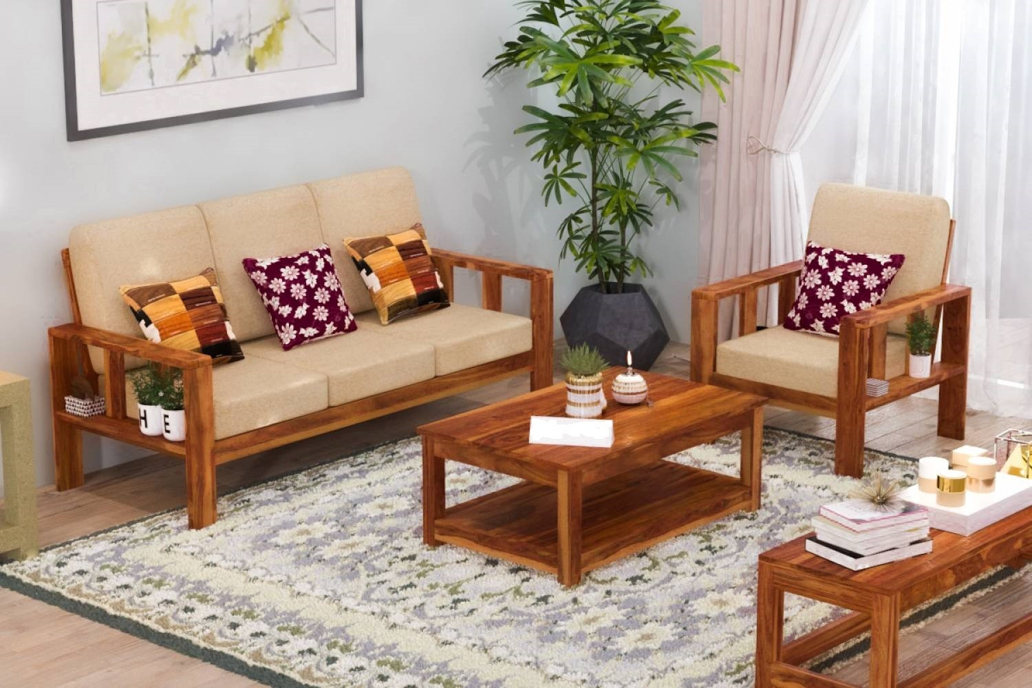 Image of Flipkart Perfect Homes Solid Sheesham Wood Four Seater Sofa Set For Living Room, Hotel Office. Fabric 3 + 1 Sofa Set