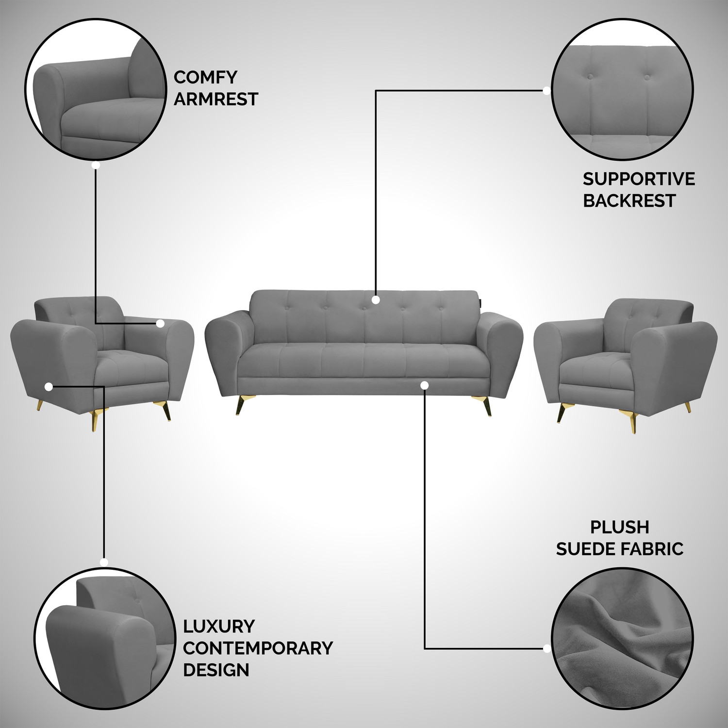 Image of Seventh Heaven Milan Icon 5 Seater Sofa Set, Plush Suede Fabric Fabric 3 + 1 + 1 Sofa Set