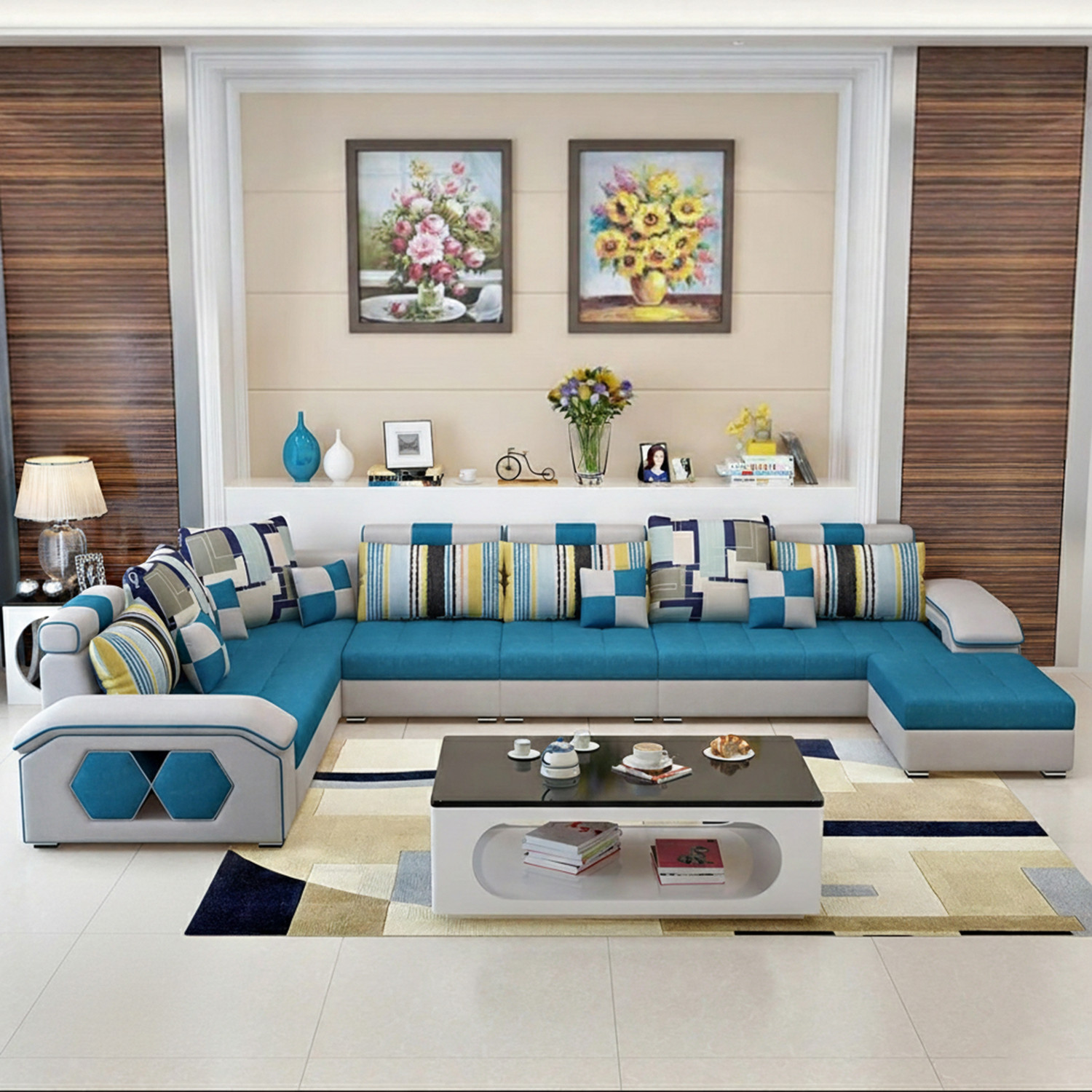 Image of Torque Silvester U Shape Fabric with 4 Puffy (Blue) Fabric 3 + 2 + 2 + 1 Sofa Set