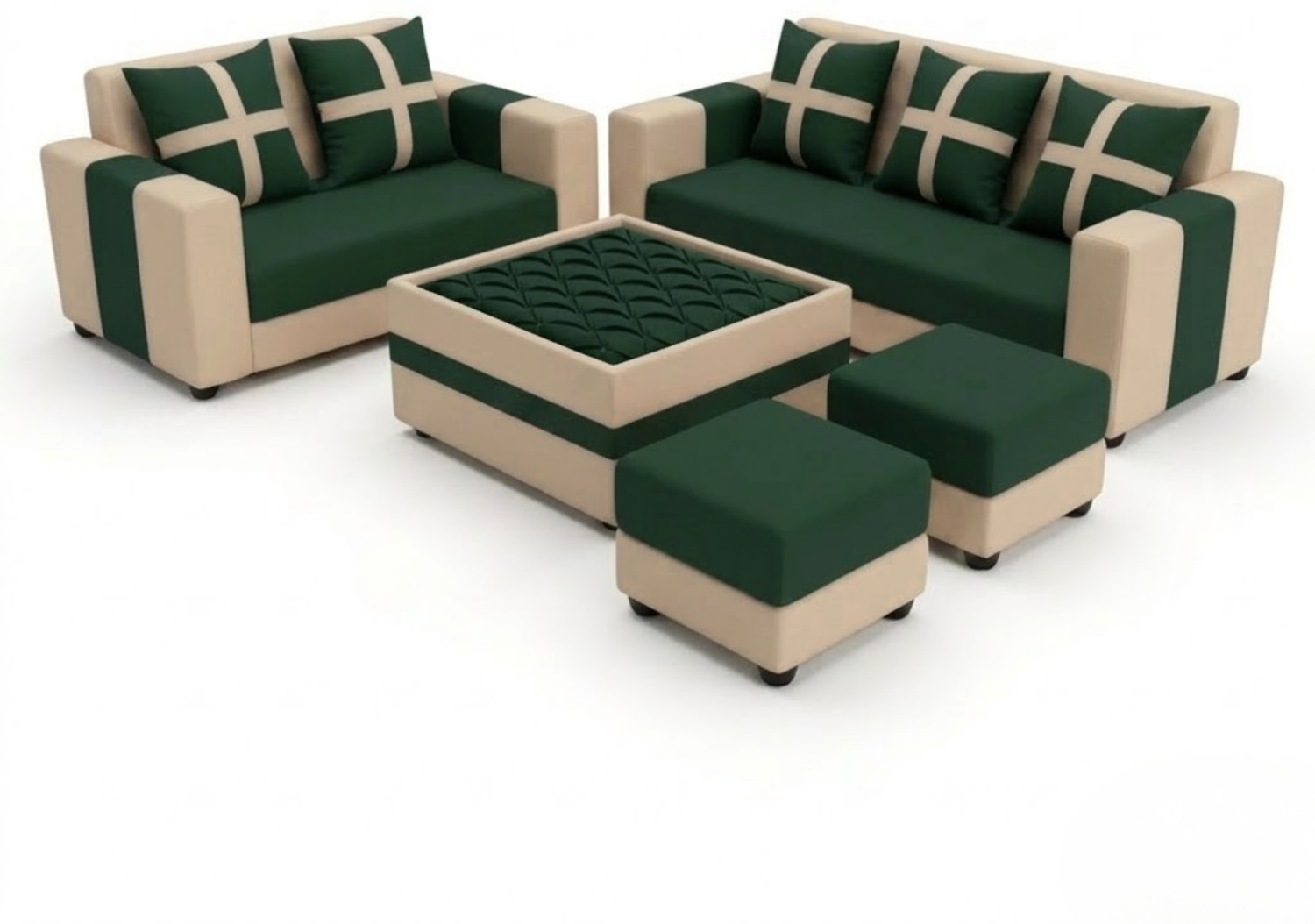Image of WAKESURE Premium Quality Velvet Fabric 3 + 2 + 1 + 1 Sofa Set (Cream & Bottle Green, DIY(Do-It-Yourself))