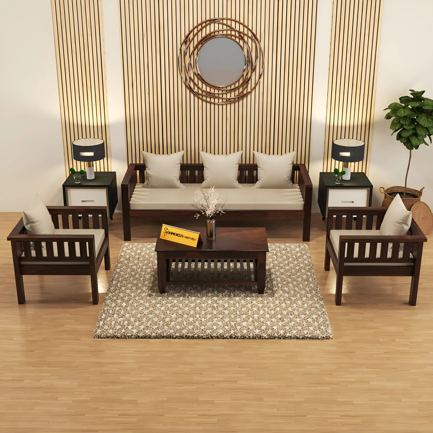 Image of saamenia furnitures Solid Sheesham Wood 5 Seater Sofa Set { 40 Density Foam And Without Pillow } Fabric 3 + 1 + 1 Sofa Set