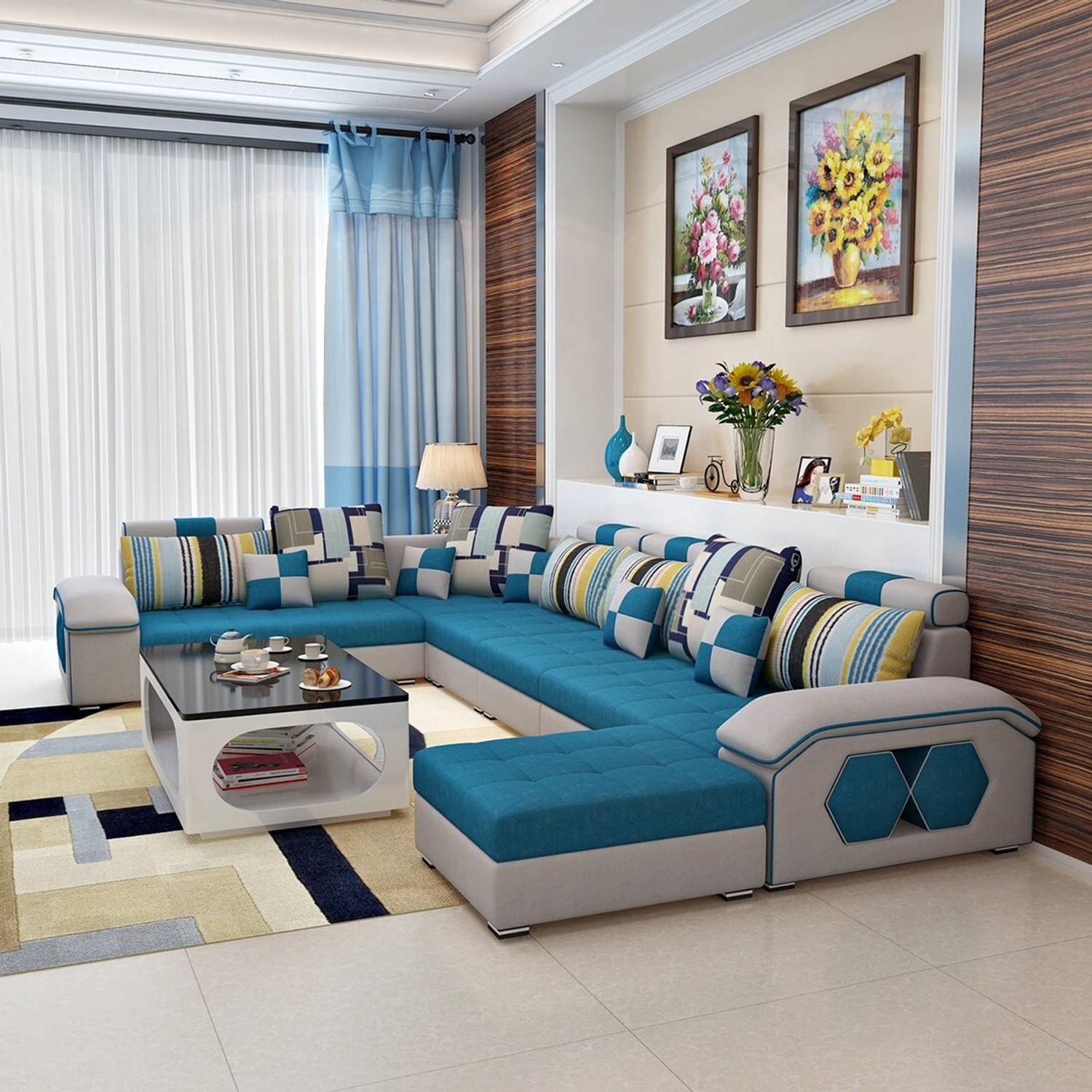 Image of Torque Silvester U Shape Fabric with 4 Puffy (Blue) Fabric 3 + 2 + 2 + 1 Sofa Set