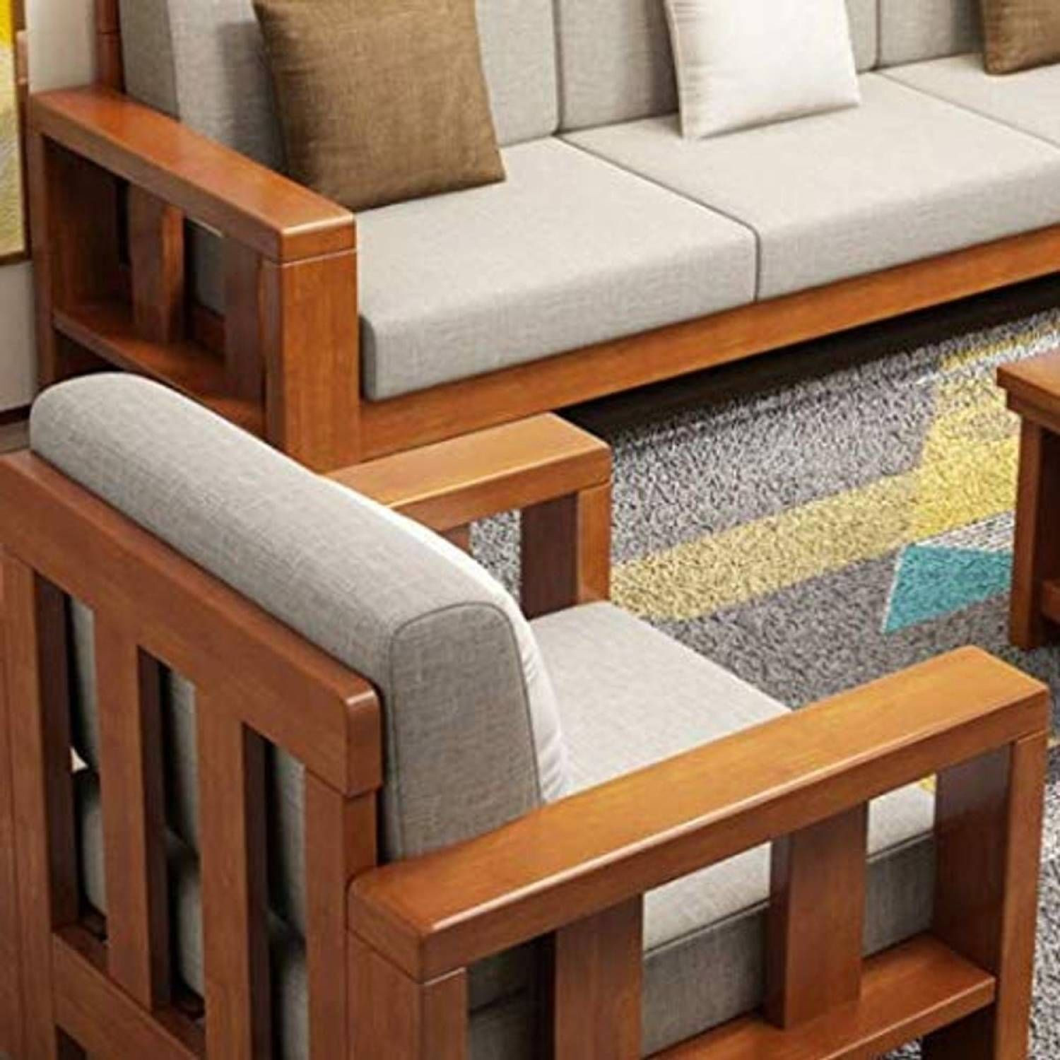 Image of Flipkart Perfect Homes Solid Sheesham Wood Six Seater Sofa Set For Living Room, Hotel Office. Fabric 3 + 2 + 1 Sofa Set