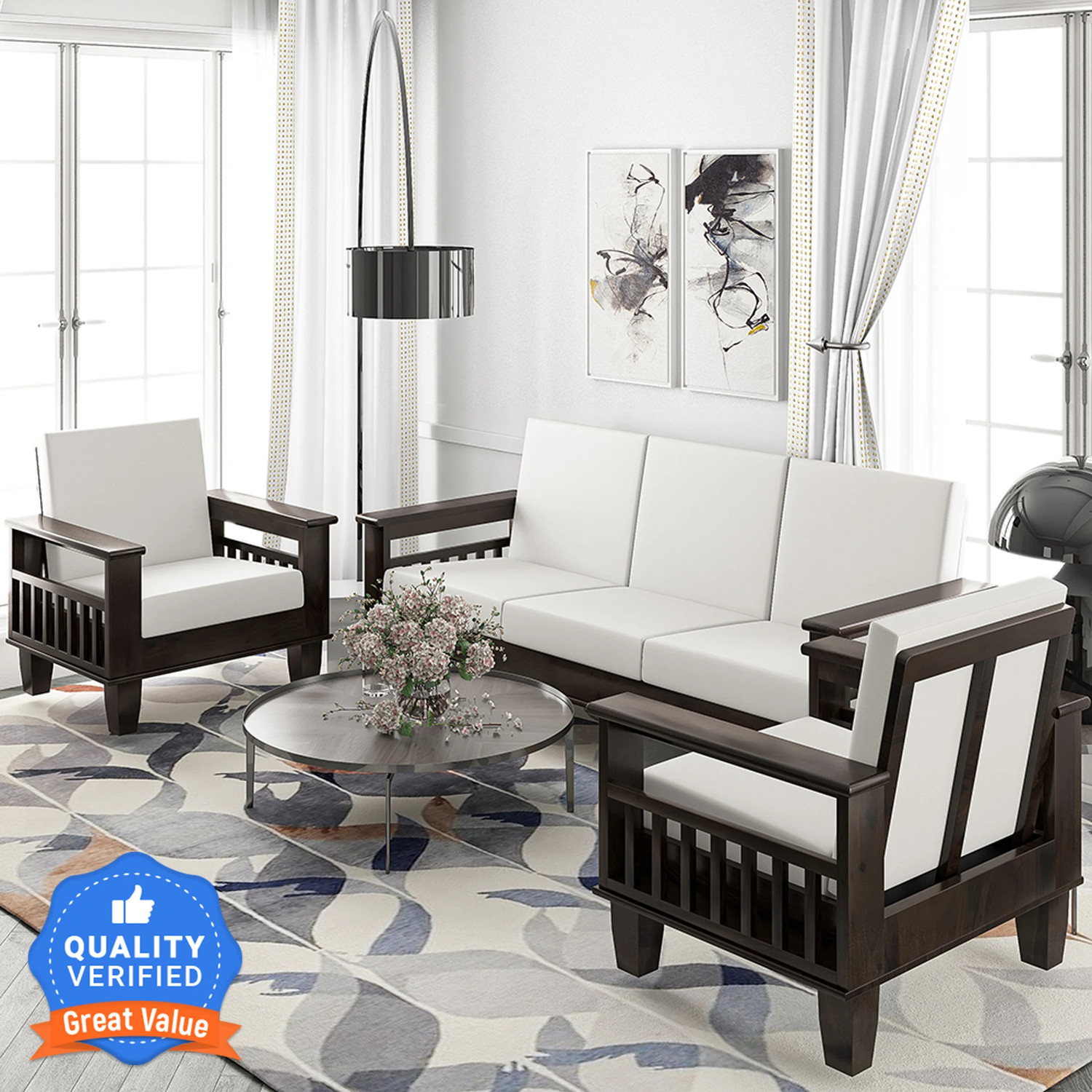 Image of Allie Wood Sheesham Wood Premium Quality (Special PU Polish) Fabric 3 + 1 + 1 Sofa Set