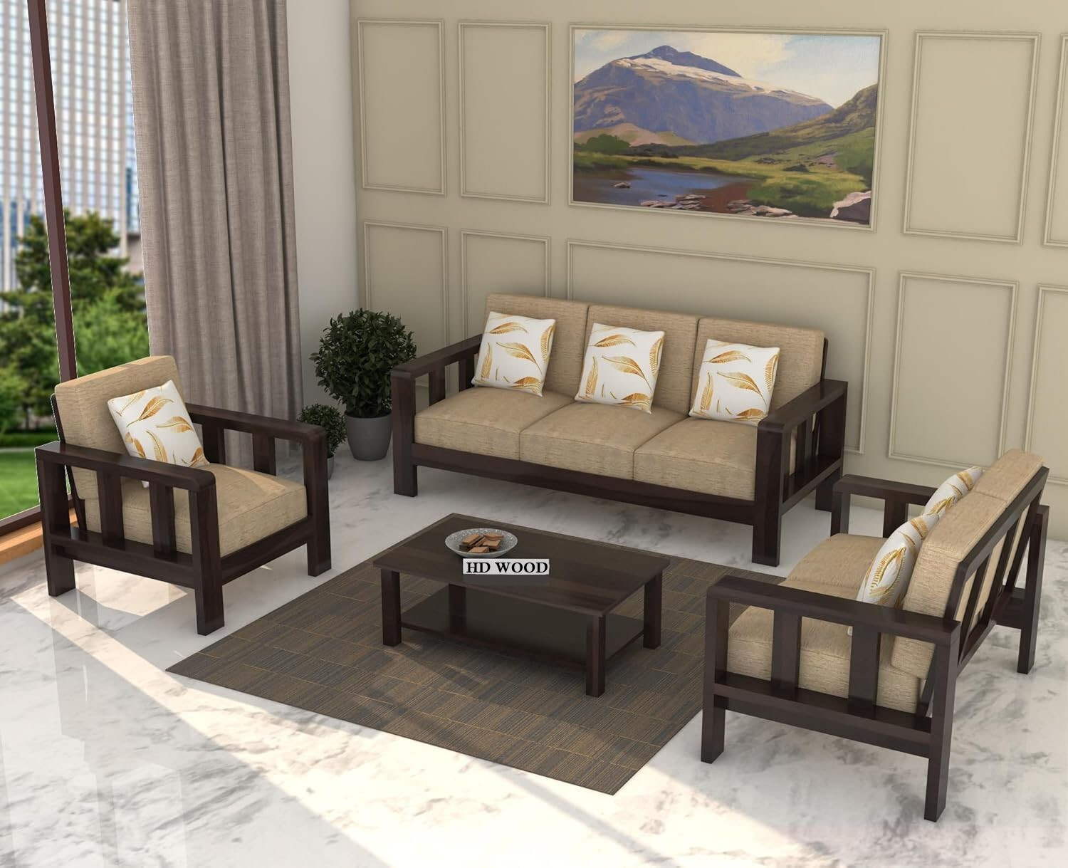 Image of HDWOOD Solid Sheesham Wood Six Seater Sofa Set For Living Room / Office / Guest Room | Fabric 3 + 2 + 1 Sofa Set