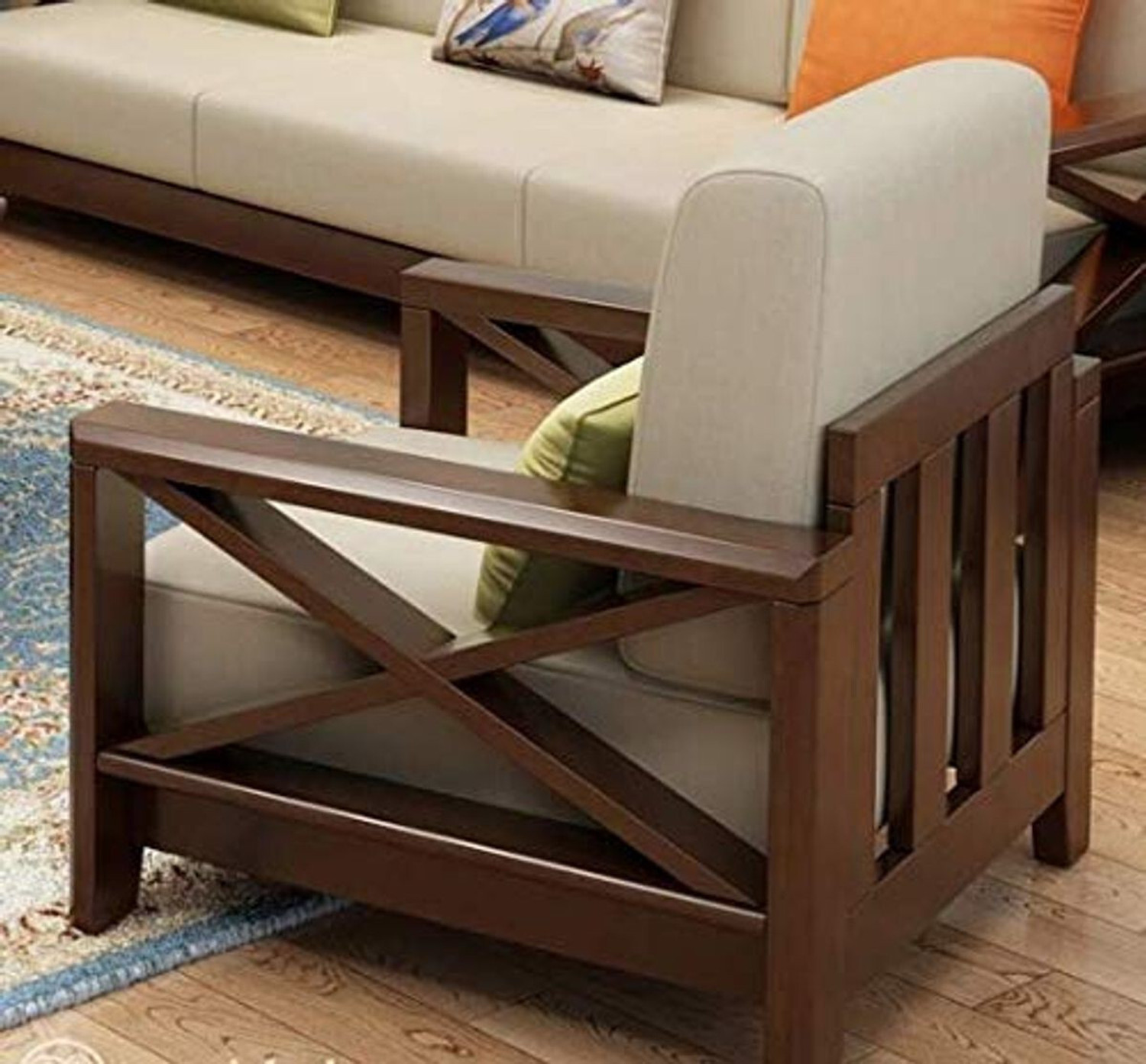 Image of HDWOOD Solid Sheesham Wood For Living Room / Hotel / Cafe | Fabric 3 + 2 + 1 Sofa Set