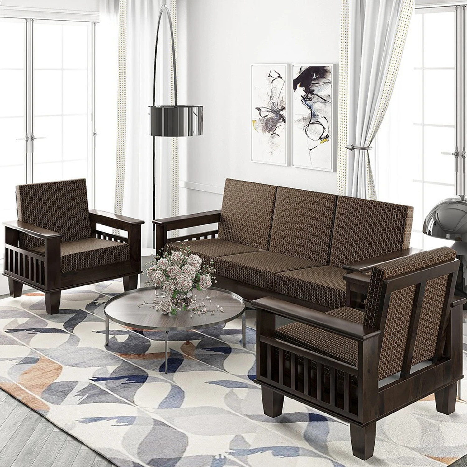 Image of Allie Wood Sheesham Wood Set of 2 Fabric 3 + 1 + 1 Sofa Set